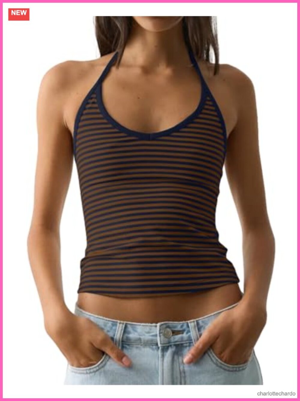 Cioatin Women Sleeveless Striped V Neck Crop Cami Tank Tie Up Backless Top